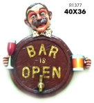 3532 R1377 INSEGNA REALIZZATA RESINA BOTTE BAR IS OPEN